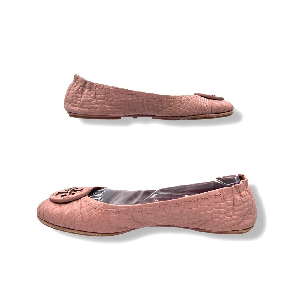 Tory Burch Reva Pink Croc Embossed Ballet Flats Size 9 Logo Round Toe